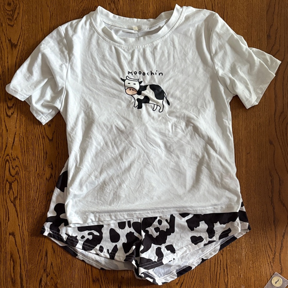 SHEIN White and Black Cow Print Pajama Set